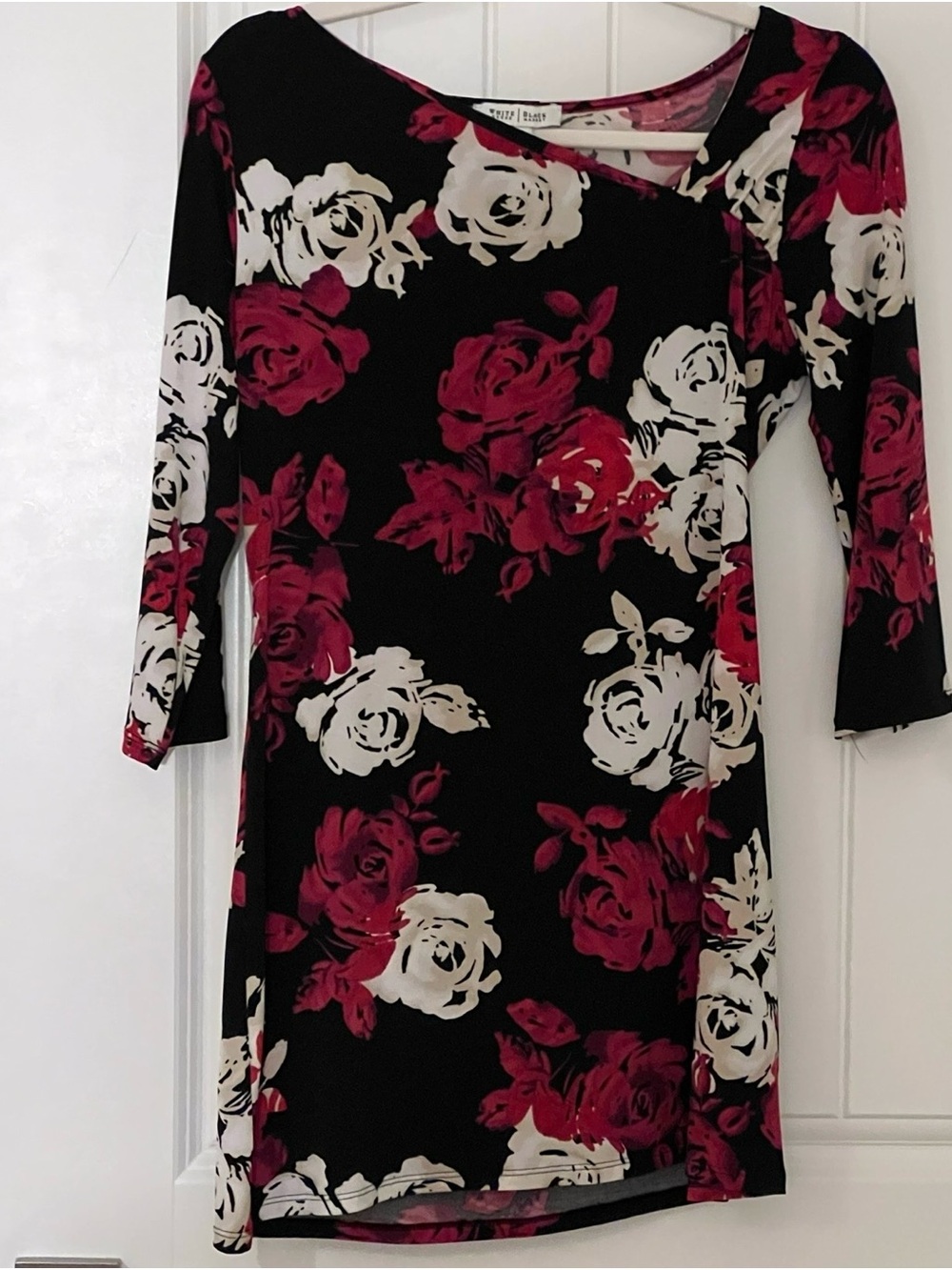 White House Black Market Black Sheath Dress with Red and Cream Floral Print